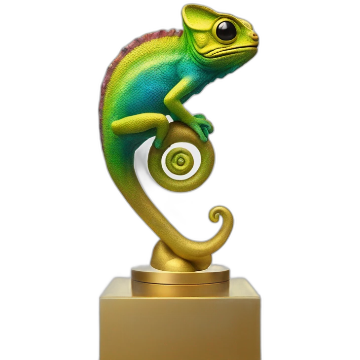 Modern full high resolution color chameleon statue on golden pedestal, close-up view emoji