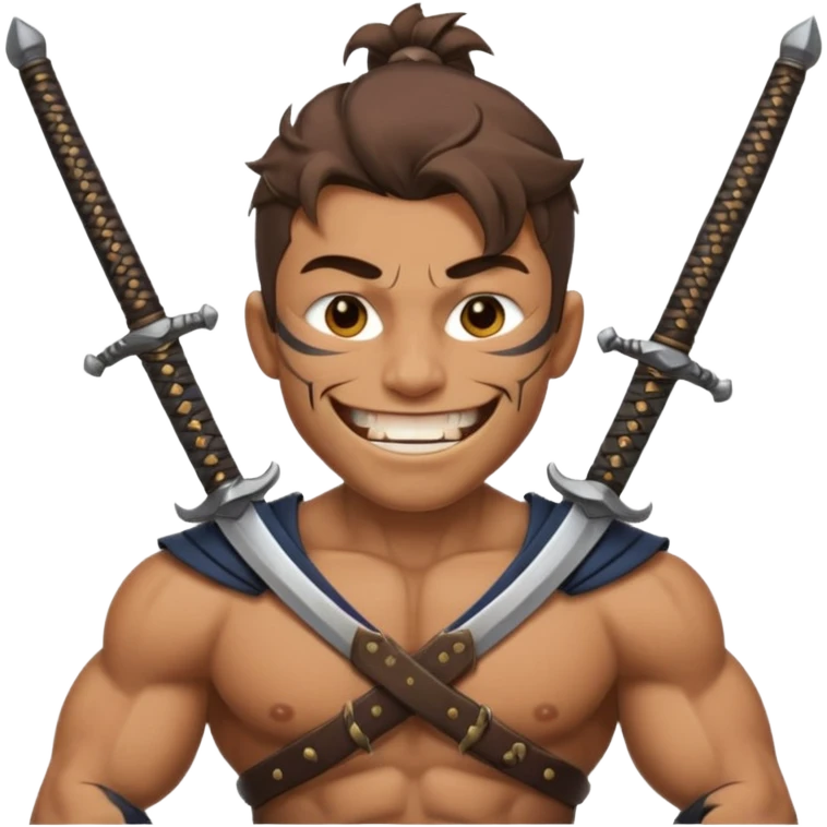 Haz que tenga una sonrisa epica una cicatriz en el ojo serrado y una espada entre los dientes y dos más a cada lado. emoji