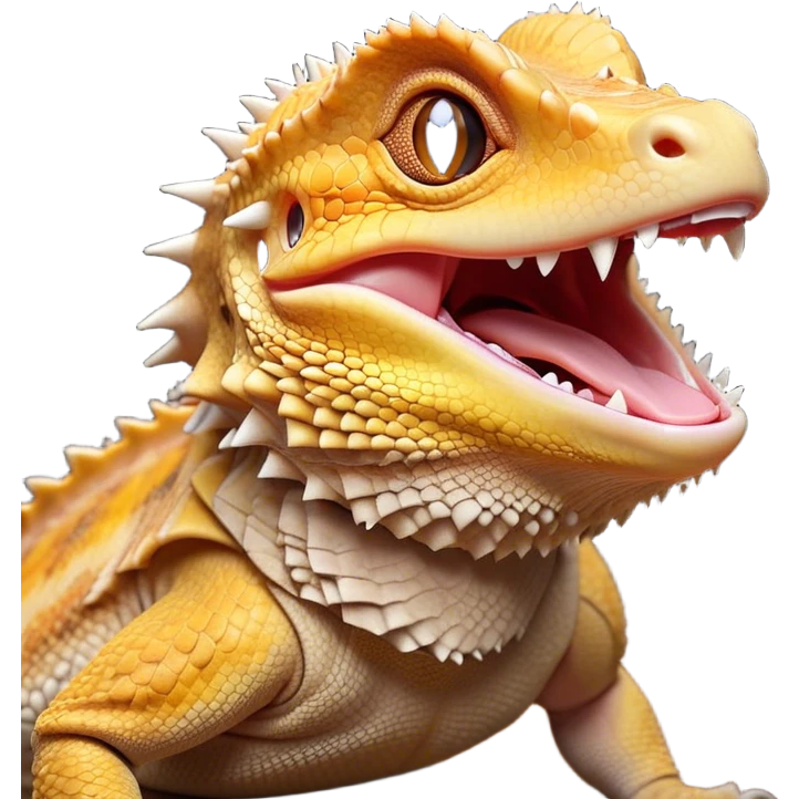 Cinematic Cute Yawning Bearded Dragon Portrait Emoji, Head tilted slightly with a dramatic, wide-open yawn, showcasing a soft, textured scaled hide with its spiky beard partially drooped and eyes barely open in drowsy contentment, Simplified yet irresistibly adorable features, highly detailed, glowing with a soft, cozy glow, high shine, relaxed yet expressive, stylized with a touch of reptilian whimsy, bright and endearing, soft glowing outline, capturing the essence of a sleepy yet affectionate dragon, so drowsy it feels like it could stretch out of the screen and curl up for a nap! emoji