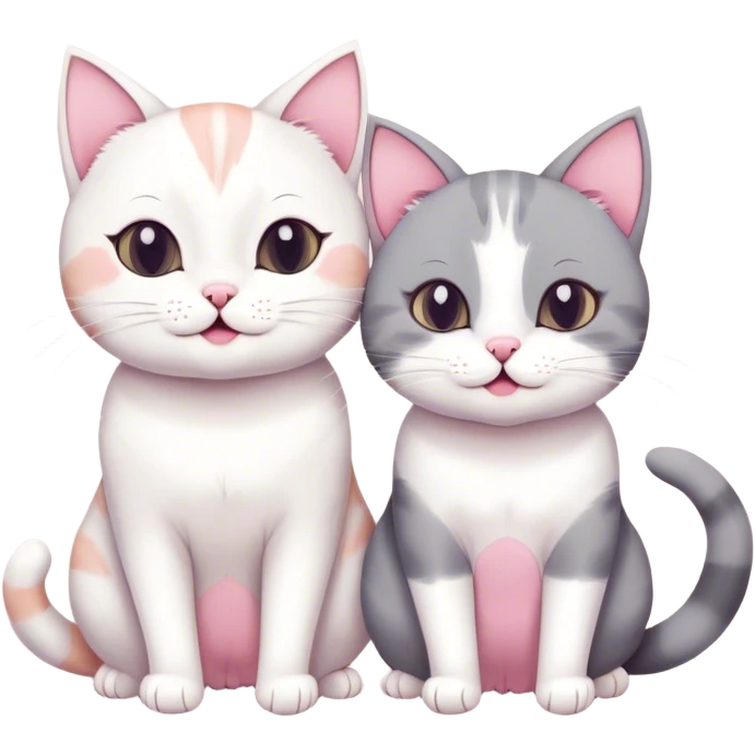 This is a simple and adorable cartoon illustration with a healing-style aesthetic. The image features two cats. The one on the bottom is round and white, with pink blush on its cheeks and a cheerful little mouth, giving it a cute expression. The cat on top is mainly gray and white. Its head, ears, back, and tail are gray, while the center of its face, around its mouth, and its chin are white. Its front paws are also mostly white, and the gray areas form a symmetrical mask-like pattern. Additionally, it has a slight pink blush on its cheeks, making it look very cute. Its expression is calm but slightly lazy. The two cats are stacked on top of each other, resting on a green cushion, creating a warm and delightful scene. emoji
