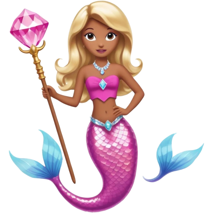 Brown skin blonde hair barbie mermaid with pink diamond tail and wand  emoji