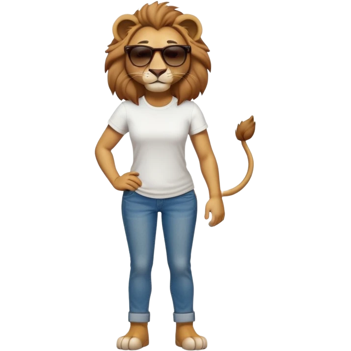 friendly anthropomorphised female lion character, full body, standing confidently with legs shoulder width apart and arms folded, wearing jeans, a white t-shirt, and dark sunglasses, with a confident smile emoji