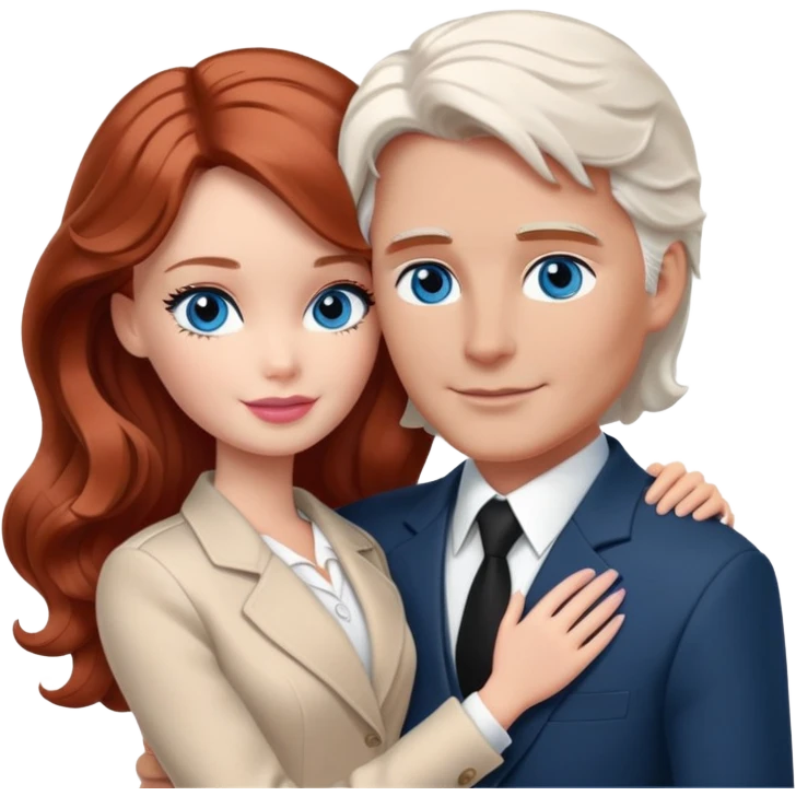 Barbie girl  , eyes blue , Chestnut red long wavy hair In pale beige clothes, Hugs a man with dark white hair short haircut, brown eyes , and a black suit emoji
