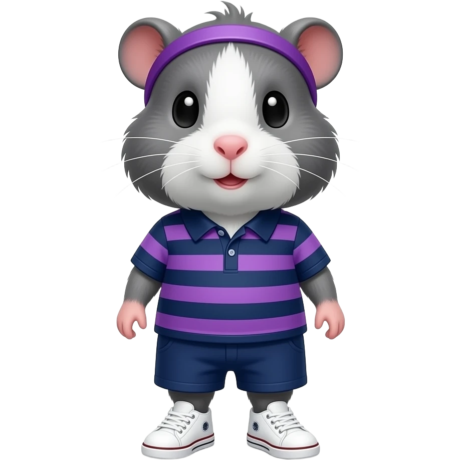 gray guinea pig in navy and purple stripe polo dress and white sneakers and purple hairband emoji