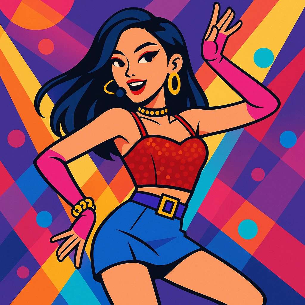 K-pop girl, glamorous performance outfit, bold accessories, dynamic dance pose, vibrant colors, vibrant toon style, colorful, dynamic lighting emoji
