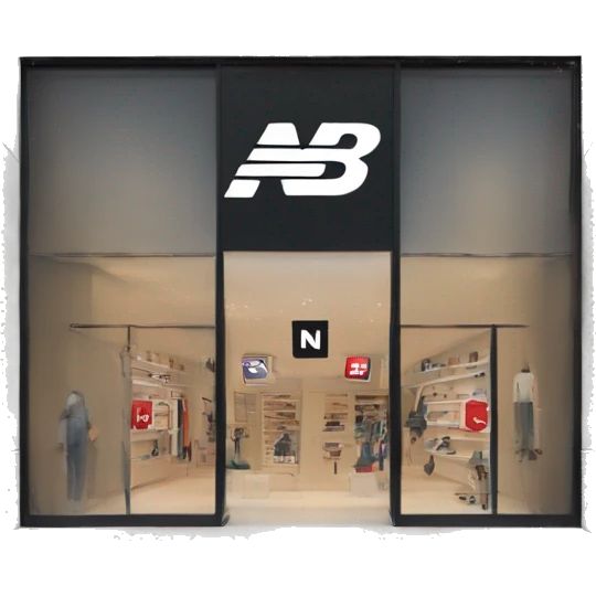 “New Balance store exterior with a clean, modern facade, the iconic ‘N’ logo, large windows showcasing athletic footwear, and a minimalist entrance.” emoji
