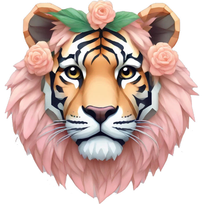 Pixel art of a pixel pink peach beige blue cream pastel pixel tiger pixel lion wearing tropical flowers and leaves, flower crown, floral, pixel emoji