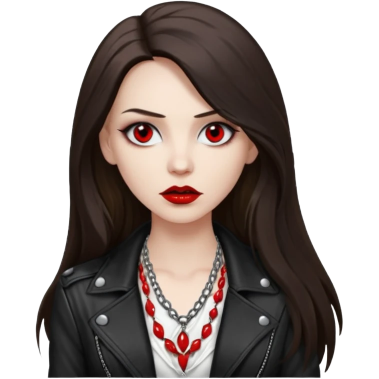 brunette with very long hair in black cuir jacket with red lips and very dark brown eyes and white shirt and mysterious necklace without piercing with evil eyes emoji