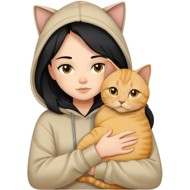  girl black long hair beige hoodie cuddling a british shorthair golden cat emoji