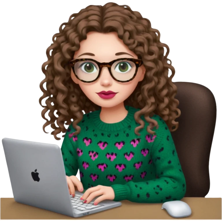 a european white young woman with long wavy/curly brown hair typing in a computer, she's using dark brown leopard glasses and knit green sweate, her lips are light red and her cheeks slightly pink emoji