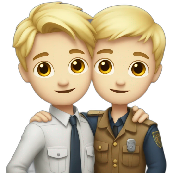 Two Boy detectives hug one blond with white skin and one African  black emoji