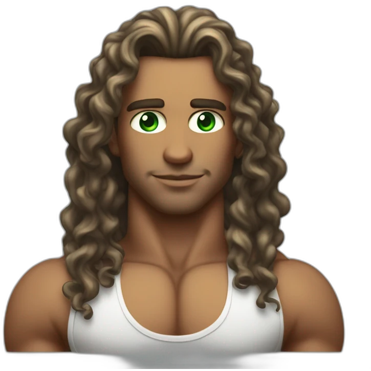 Bodybuilder with green eyes and long brow curly hair model face etc rizz god  emoji