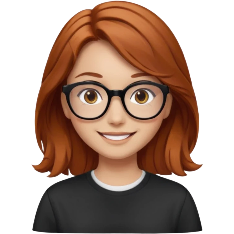 red-brown haired girl, middle length straight hair - wavy towards the ends, brown almond eyes, thick black glasses, oversized shirt emoji