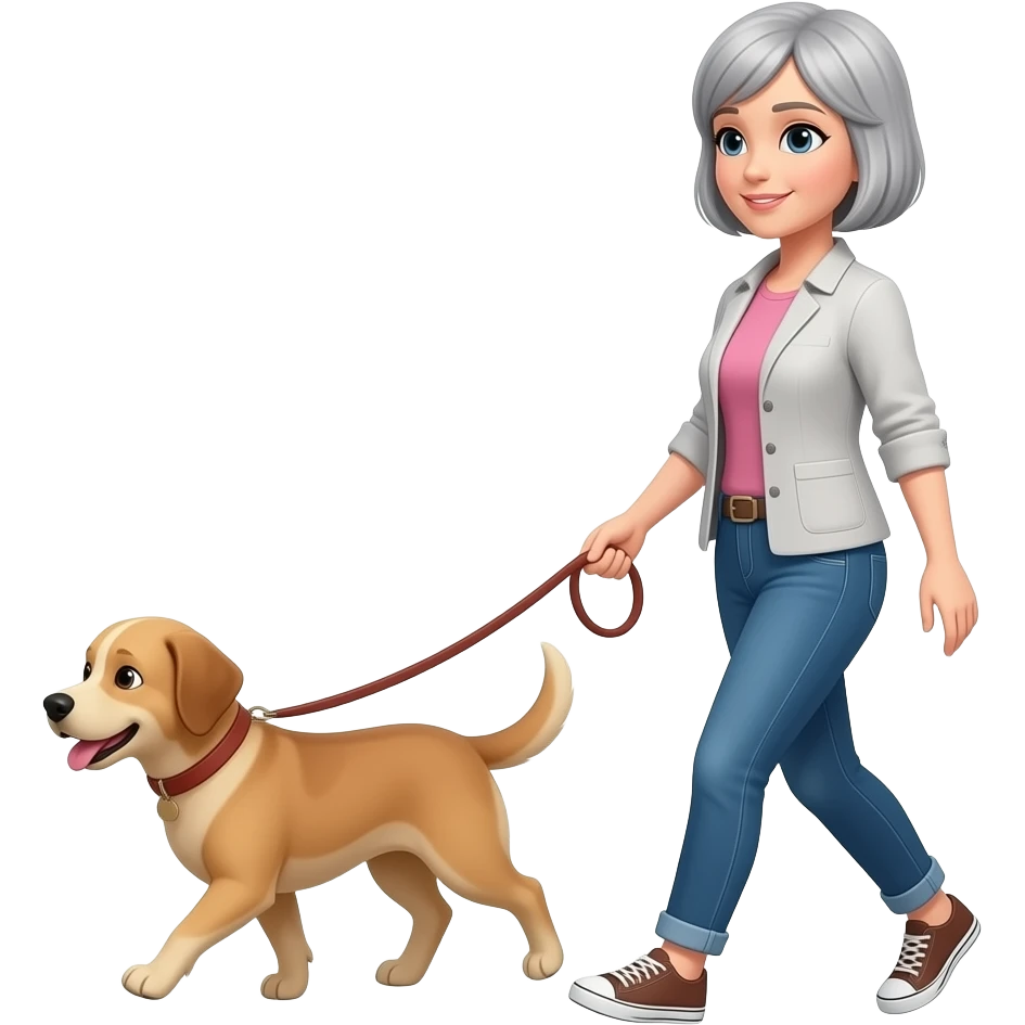 woman with short gray hair walking tan dog emoji