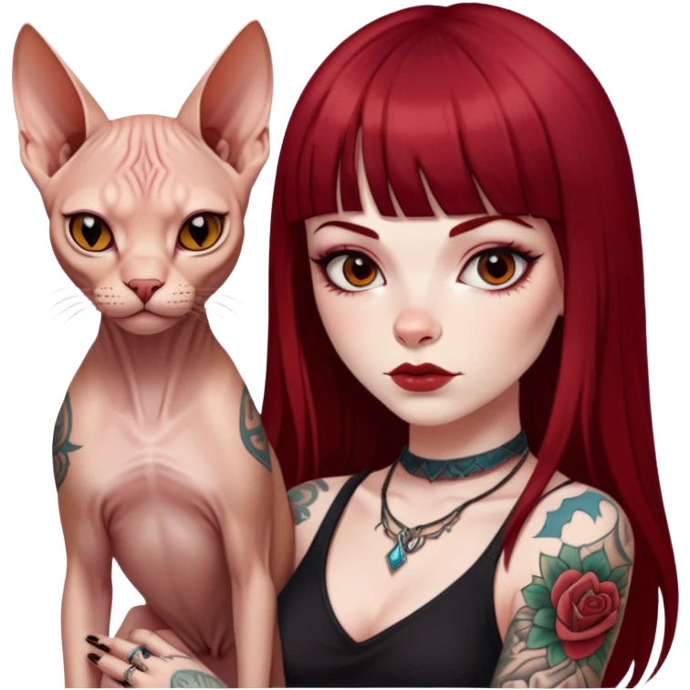 girl with long dark red straight bangs hair and tattoos and a Sphynx emoji