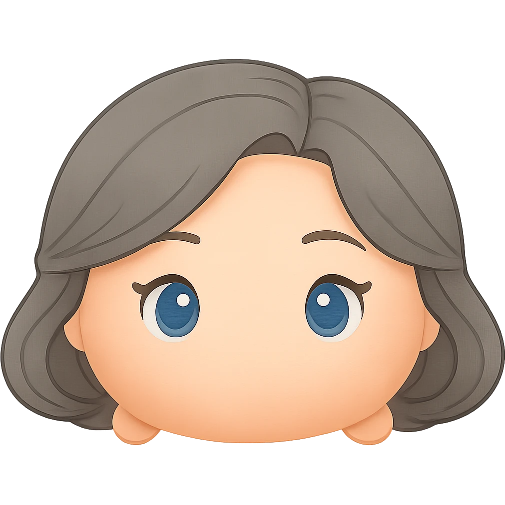 Remove the white border, keep plush tsum tsum style with blue eyes, grey 1940s bob hair, no body, no mouth, and no background. Preserve the plush tsum tsum look and isolate the subject with transparent background. emoji