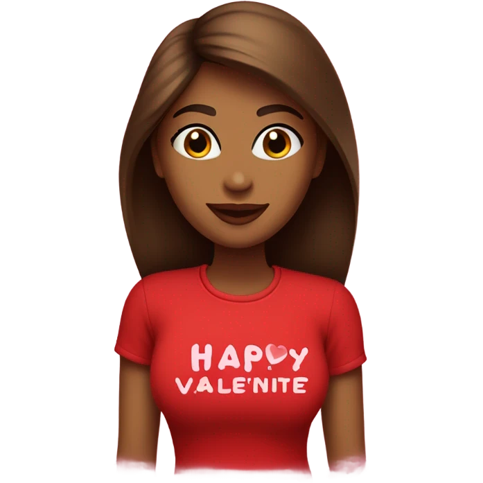 brown lady, medium brown long straight hair, red lips, eyelashes, wearing red “happy Valentine’s Day” t shirt emoji