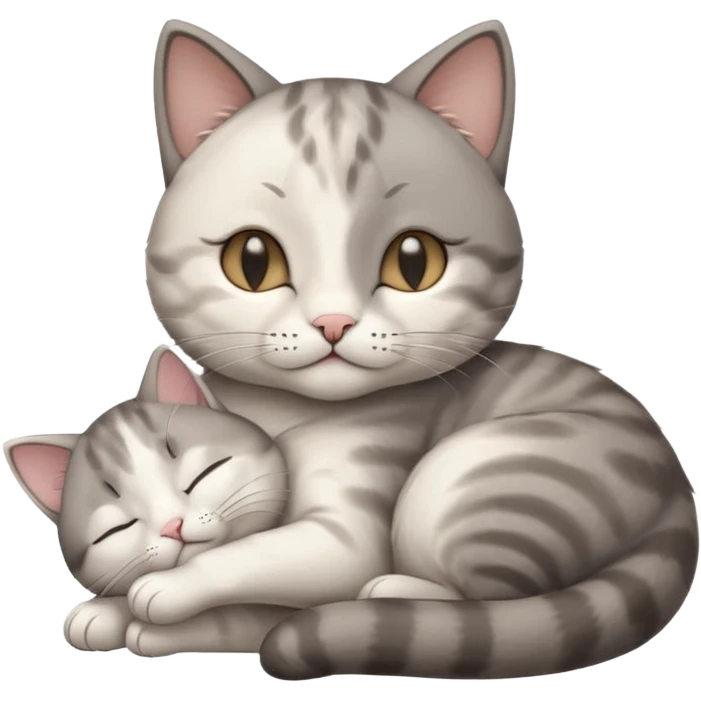 grey and white small cat with its eyes closed lying down with its paw curled and holding up his head emoji