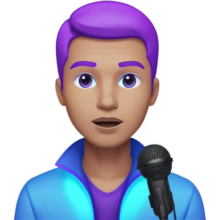 man speaking into a microphone, with neon glow effect, blue neon glow on top left, purple neon glow on bottom right emoji