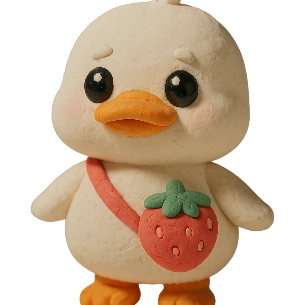 chibi white duck with a strawberry-shaped shoulder bag, pastel 3D clay style, big shiny eyes, soft lighting, kawaii aesthetic emoji