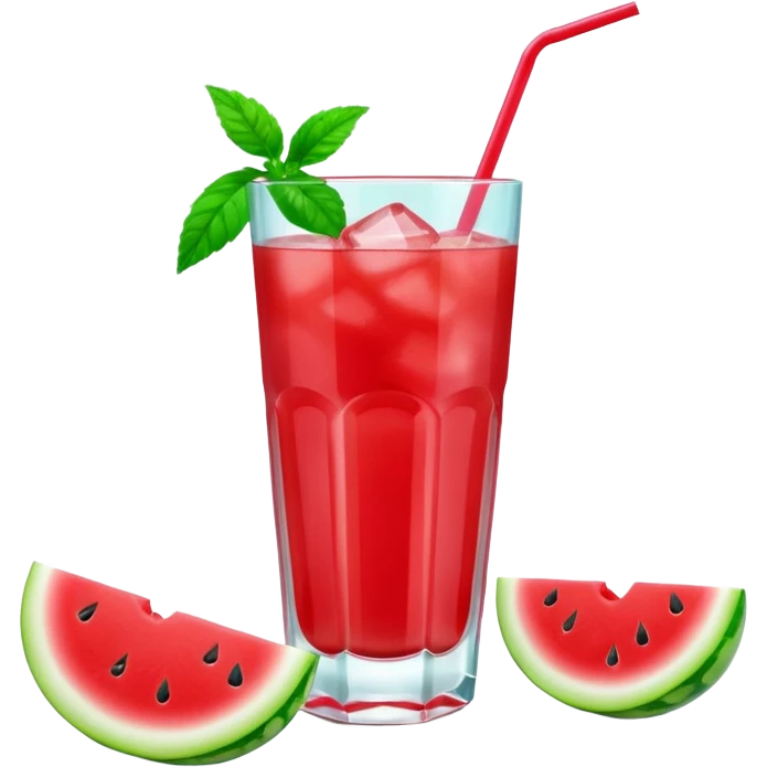 A 3D cartoon glass filled with watermelon juice, ice cubes, mint garnish, bright red color, smooth reflections, soft natural lighting, Memoji-style. emoji