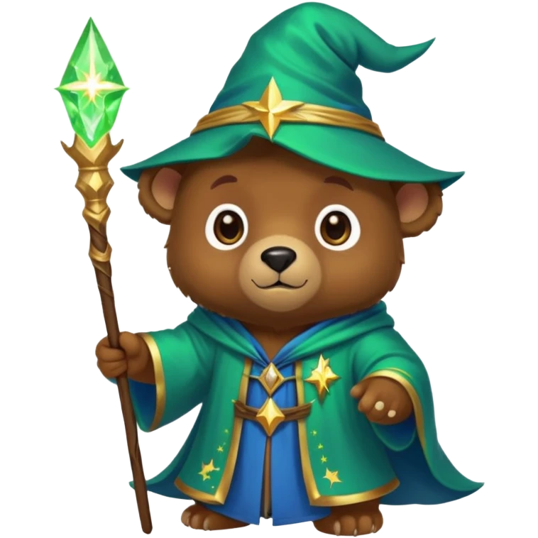 A young bear wizard with a glowing green spell, golden staff and starry blue robes emoji
