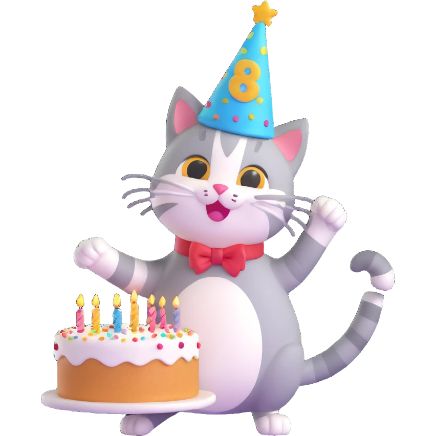 cartoon cat with a birthday hat and cake, celebrating, confetti background emoji