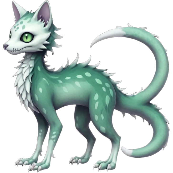 Scaley Kawaii spectral spooky dark bleak blackish swampy white-skeletal gloomy ghostly dark greyish dark-deep-greenish foggy eldritch beautiful realistic edgy fantasy ghoul-like stitched feline-vernid-sergal-fursona animal creature with a tufted tail full body with intricate markings  emoji