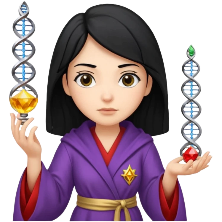 Female wizard with black hair holding a double helix DNA in her hand emoji