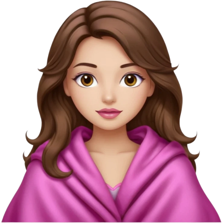 girl with long wavy brown hair, brown eyes, long lashes makeup, sexy pink lips, light to medium complexion, wearing a pink sexy silk top, big blanket over cozy  emoji