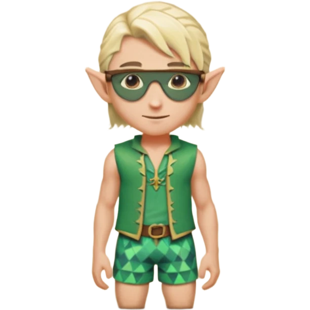 elf male legolas portrait, patterned board shorts (geometric/abstract), unique wooden-framed sunglasses, undercut hairstyle, slight smirk, visible pointy ears, no background, centered emoji, hipster summer vibe emoji