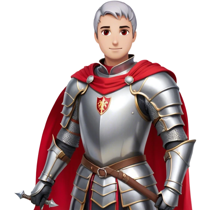 side-view RPG character asset in a clean. The character is a brave knight with exaggerated, rounded features and minimal linework. They wear polished armor in silver tones, with a bright red cape flowing behind them. The face should have large, expressive eyes and a friendly smile that’s clearly visible even from the side view. Keep proportions simple and cartoony. The stance is slightly turned to emphasize the character’s side profile (facing right), with one hand on the hip and the other resting on a sheathed sword at the waist. The colors should be vibrant and easy to read, with smooth shading reminiscent of typical emoji designs. Include two variations: one idle pose and one simple walking pose, each capturing the playful, streamlined look of emoji-like characters. emoji