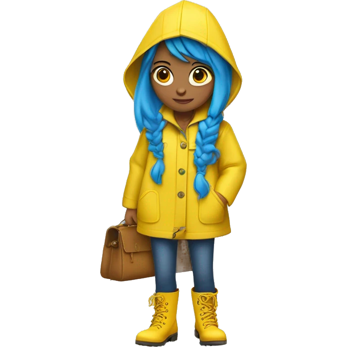 girl with blue hair in a bob, button eyes, a yellow raincoat, some freckles, blue skinny jeans, a yellow pair of rain boots to match the rain coat, a bag like purse, and a scowl emoji