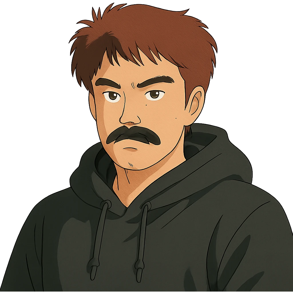 Asian man with black mustache, red hair, wearing a black hoodie, in 80's Japanese cyberpunk anime style emoji
