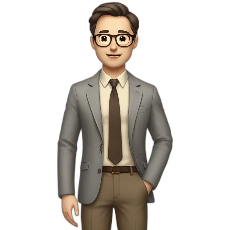 Full height Actively gesturing with hands Pale skinned fit man with dark brown hair in gray jacket, beige office shirt, brown tie, brown pants and vintage glasses. emoji