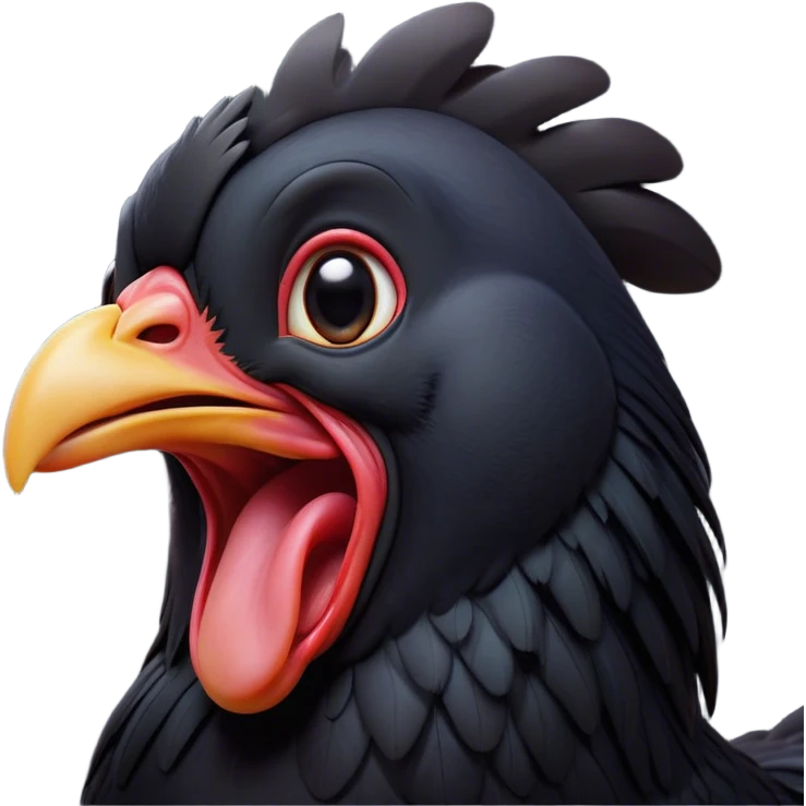 Cinematic Cute Yawning Black Chicken Portrait Emoji, Head tilted slightly with a dramatic, wide-open yawn, showcasing a soft, glossy black plumage with subtle hints of iridescence and a distinctive red comb, floppy wings slightly drooping, round beady eyes barely open in drowsy contentment, Simplified yet irresistibly adorable features, highly detailed, glowing with a soft, cozy glow, high shine, relaxed yet expressive, stylized with a touch of whimsy, bright and endearing, soft glowing outline, capturing the essence of a sleepy yet affectionate chicken, so drowsy it feels like it could stretch out of the screen and curl up for a nap! emoji