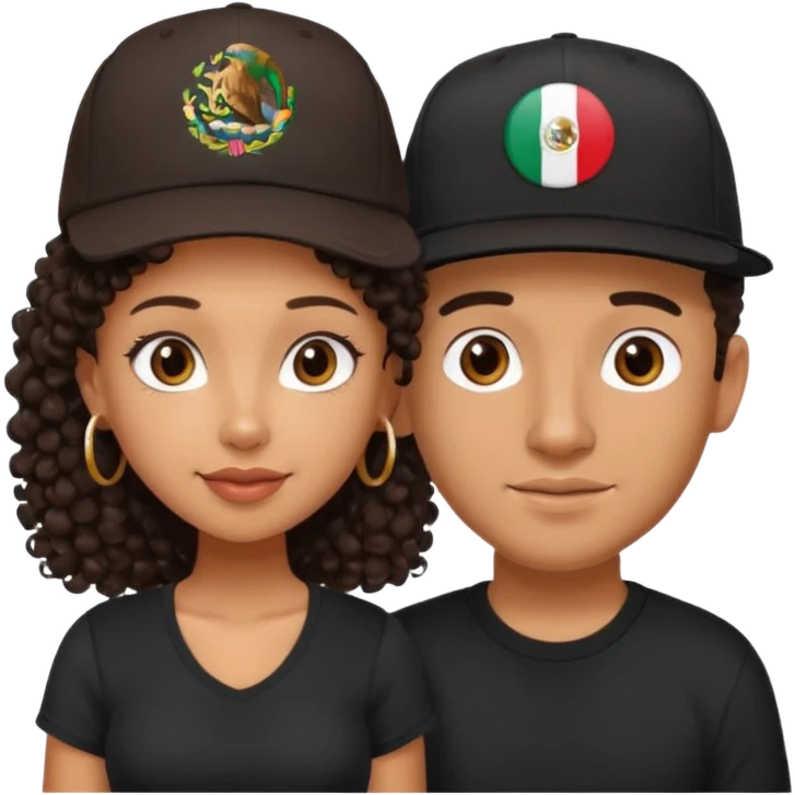 A picture of a cute tanned couple. the man is Mexican, with a bald hair cut wearing a SnapBack hat and a black shirt. the woman is mixed, she has curly longer dark brown hair, thicker and with big boobs  emoji