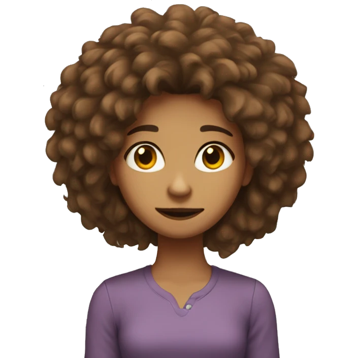 a girl with grizzy brown poofy hair looking like a lion emoji