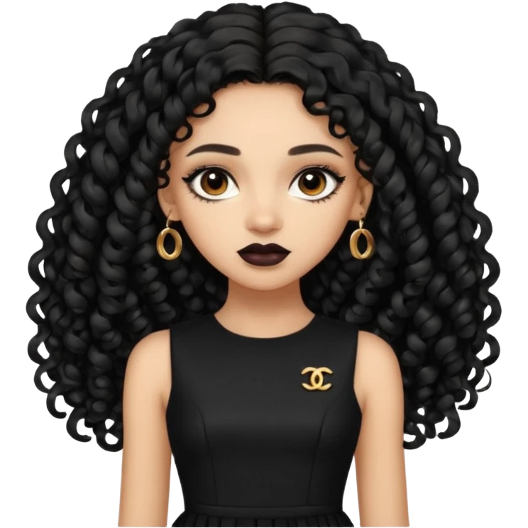 Light skin girl with black very long curly hair, brown eyes, black Chanel dress emoji