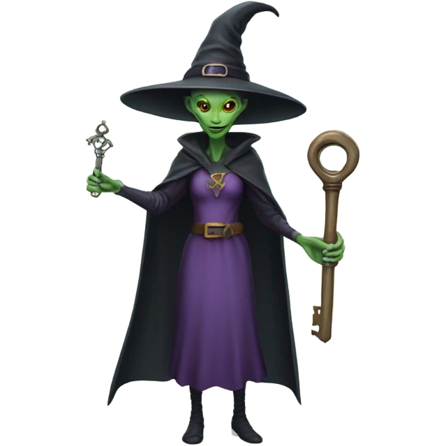 a Reptilian alien woman, as witch, holding a big key, full body emoji