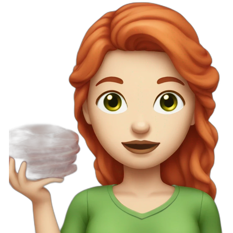 white skin red hair green eyes woman holding meat emoji