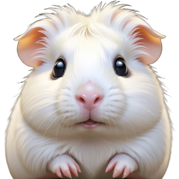 Cinematic Cute White Guinea Pig Portrait Emoji, Head tilted playfully and inquisitively, showcasing a silky, immaculate white fur with a natural glow, round, sparkling dark eyes filled with curiosity, Simplified yet irresistibly adorable features, highly detailed, glowing with a warm, friendly light, high shine, affectionate and lively, stylized with a touch of whimsy, bright and endearing, soft glowing outline, capturing the essence of a mischievous yet loving guinea pig, so playful it feels like it could nuzzle out of the screen and into your arms! emoji