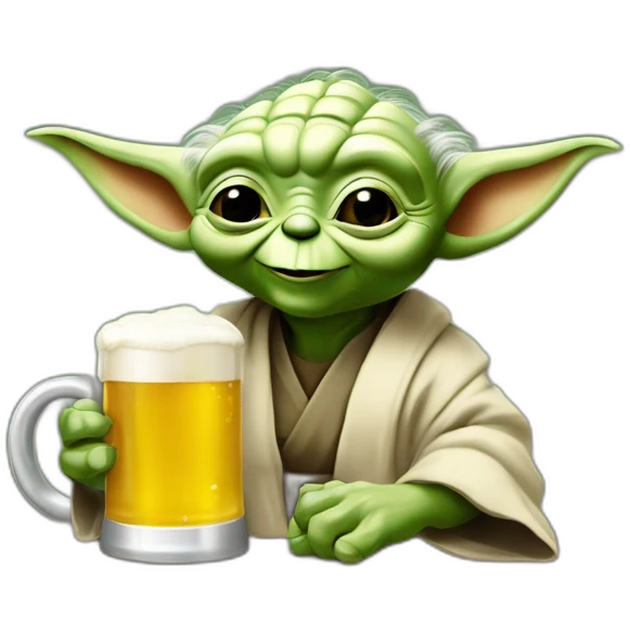 Yoda sonriendo levanta una copa de cerveza con el brazo izquierdo con el brazo izquierdo emoji