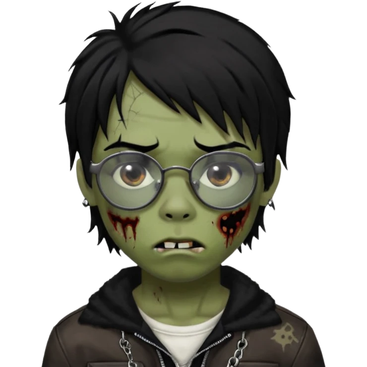 Boy, zombie, black hair, medium long, emo, shaggy, dark, spooky, creepy expression emoji, add dolce gabanna glasses, a risk on the eyebrow, some tattos  emoji