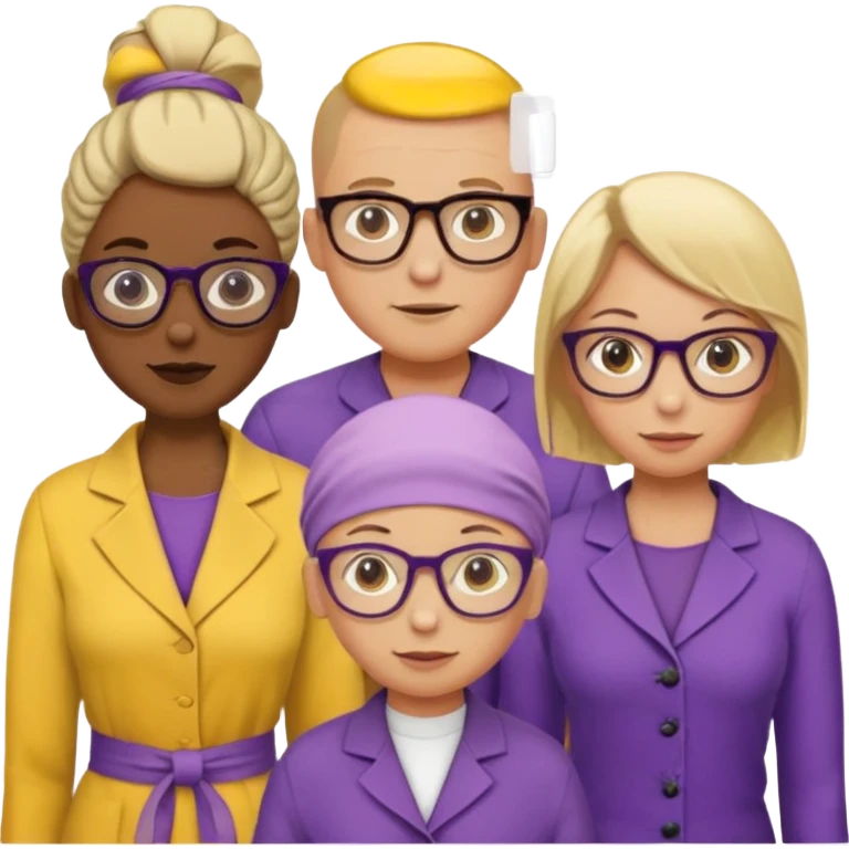 FIVE person team; 2 men and 3 women.  All dressed in yellow or purple.  2 caucasian women have blonde and 1 has ash blonde hair tied up.  1 man is African-american and bald, 1 man is caucasian and very little hair left.  All have glasses emoji