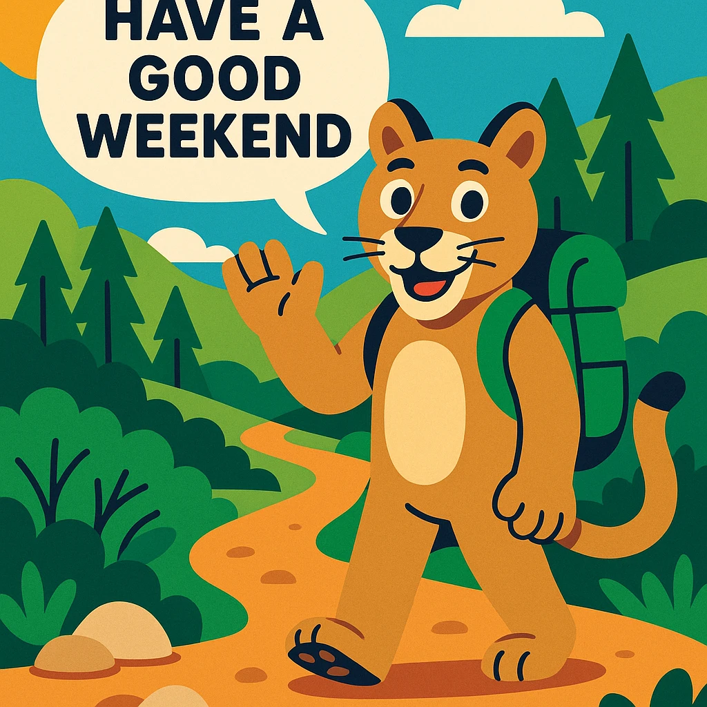a friendly illustrated style cougar on a hiking trail, smiling, with a speech bubble saying 'Have a good weekend' emoji