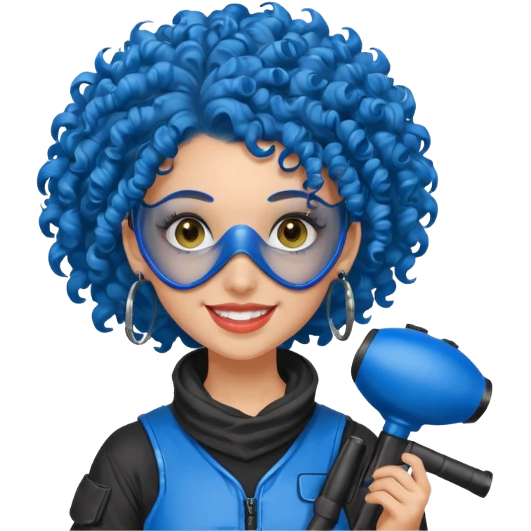 blue curly haired paintball player girl with huge earrings, wearing paintball mask emoji