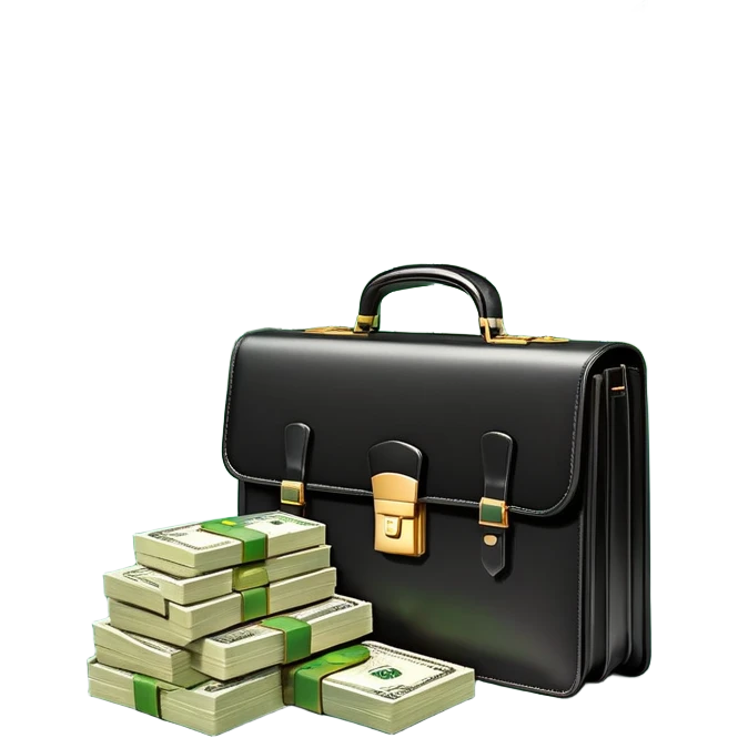 An icon showing a briefcase, a stack of money, and a graph with upward growth, representing business and entrepreneurship. The design highlights innovation, investment, and success in the world of startups and corporate ventures. Transparent background emphasizes the dynamic nature of business. emoji