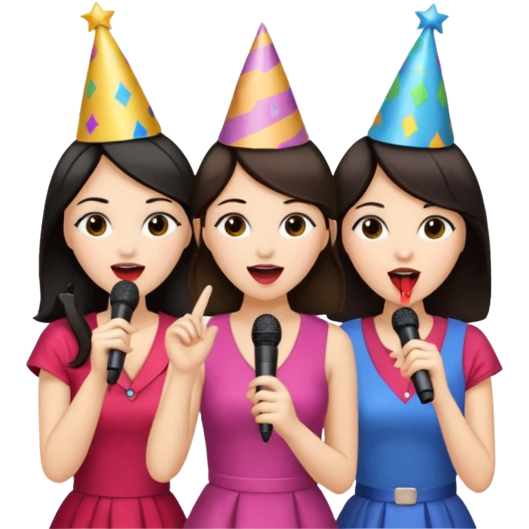 3 amigas en un karaoke cantando todas blancas de piel y con pelo moreno emoji