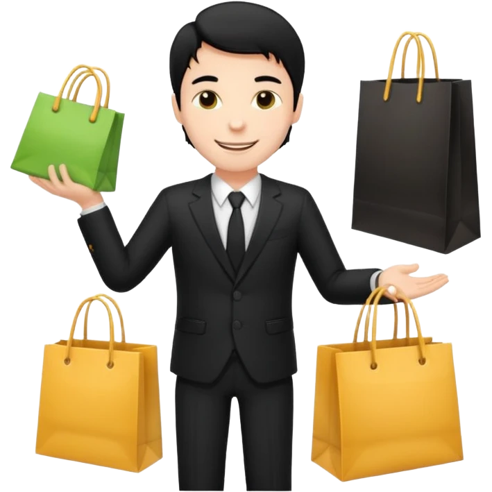 a white man black hair in a black suit with clothing shopping bag emoji